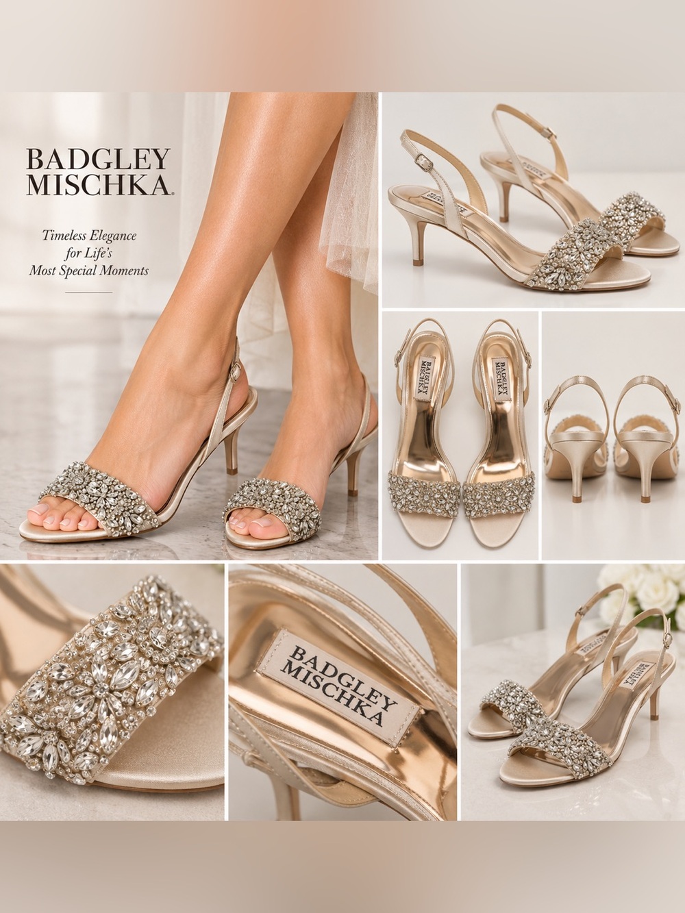 Badgley Mischka Champagne Crystal Embellished Bridal Heels Size 6
